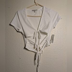 Papaya White Asymmetrical Tie-Front Crop Blouse Size M